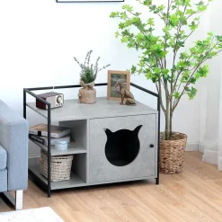 Cat Litter Box Enclosure, 2-in-1 Hidden Cat Washroom & Side Table W/ 2-Tier Storage Shelf