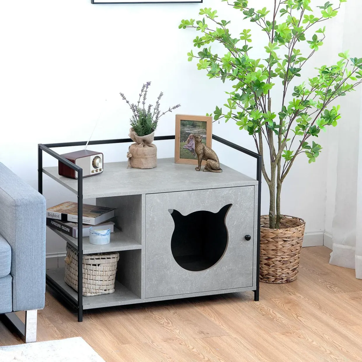 Cat Litter Box Enclosure, 2-in-1 Hidden Cat Washroom & Side Table W/ 2-Tier Storage Shelf