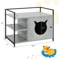 Cat Litter Box Enclosure, 2-in-1 Hidden Cat Washroom & Side Table W/ 2-Tier Storage Shelf