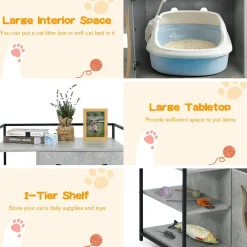 Cat Litter Box Enclosure, 2-in-1 Hidden Cat Washroom & Side Table W/ 2-Tier Storage Shelf