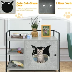 Cat Litter Box Enclosure, 2-in-1 Hidden Cat Washroom & Side Table W/ 2-Tier Storage Shelf