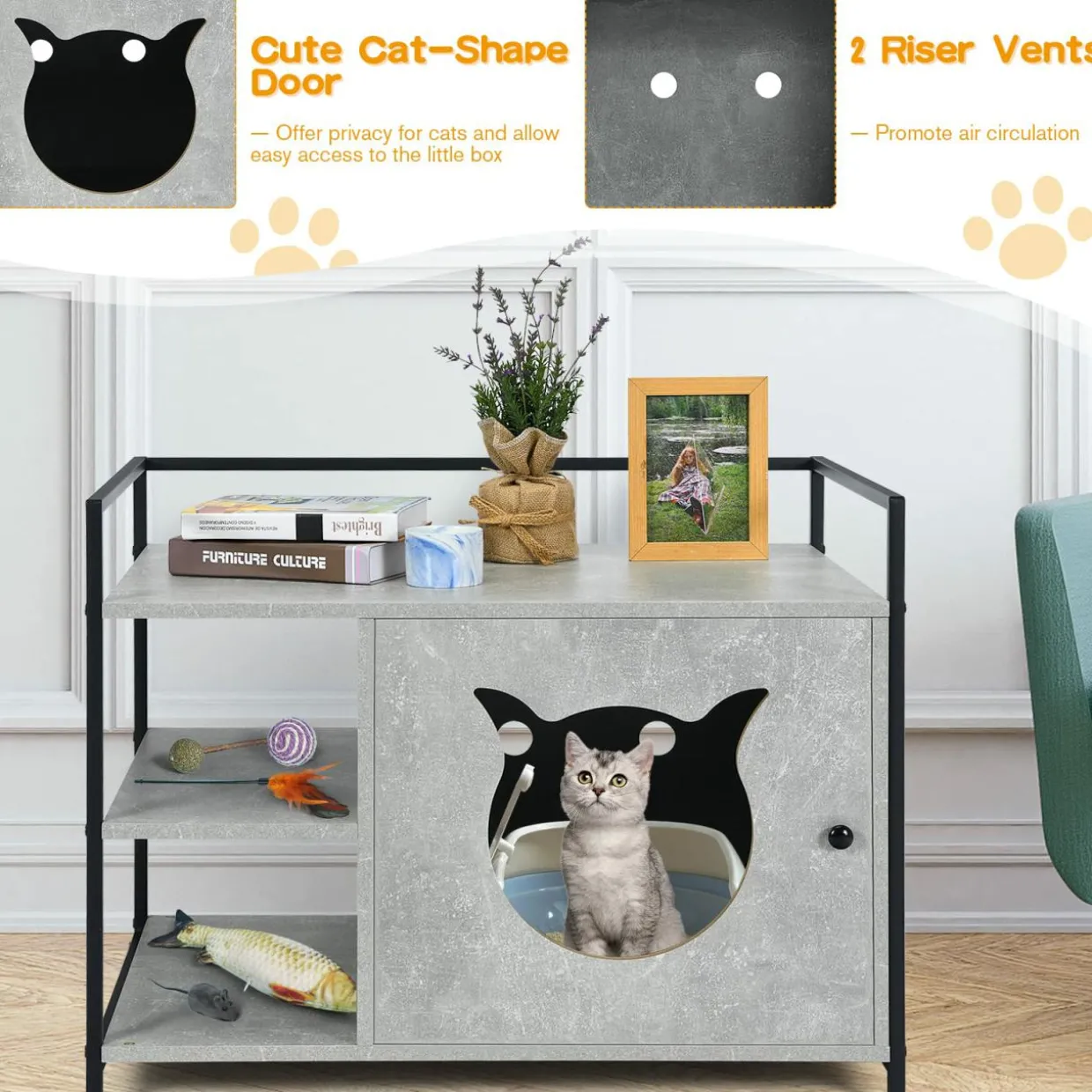 Cat Litter Box Enclosure, 2-in-1 Hidden Cat Washroom & Side Table W/ 2-Tier Storage Shelf