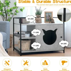 Cat Litter Box Enclosure, 2-in-1 Hidden Cat Washroom & Side Table W/ 2-Tier Storage Shelf