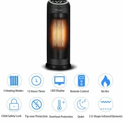 Ceramic Space Heater, Oscillating Tower Heater, Portable Infrared Heater Fan Indoor Use with Remote