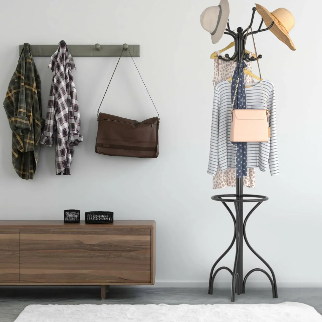 Coat Rack Metal Frame Study Portable Free Standing Entryway Hat Coat Jacket Umbrella Holder