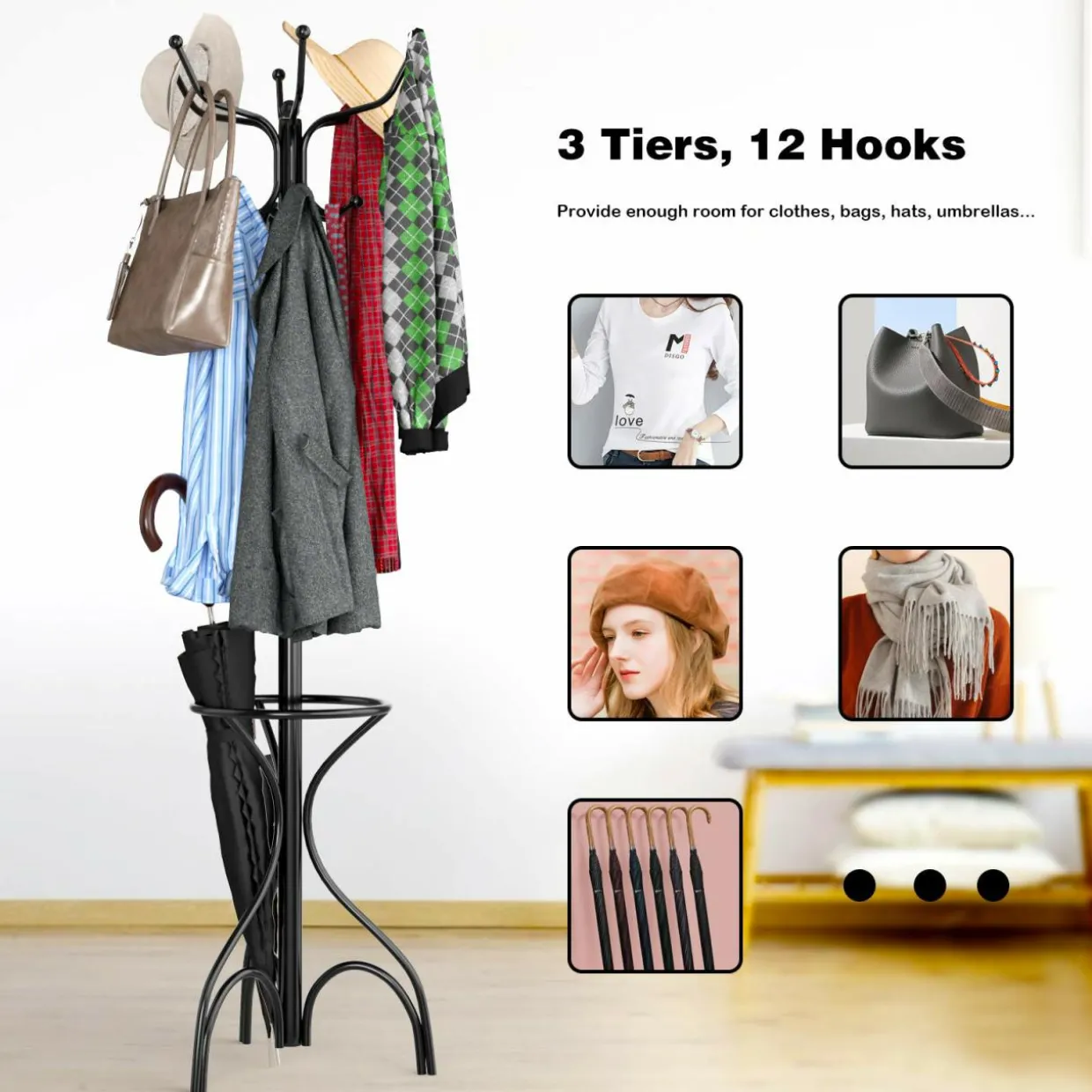 Coat Rack Metal Frame Study Portable Free Standing Entryway Hat Coat Jacket Umbrella Holder