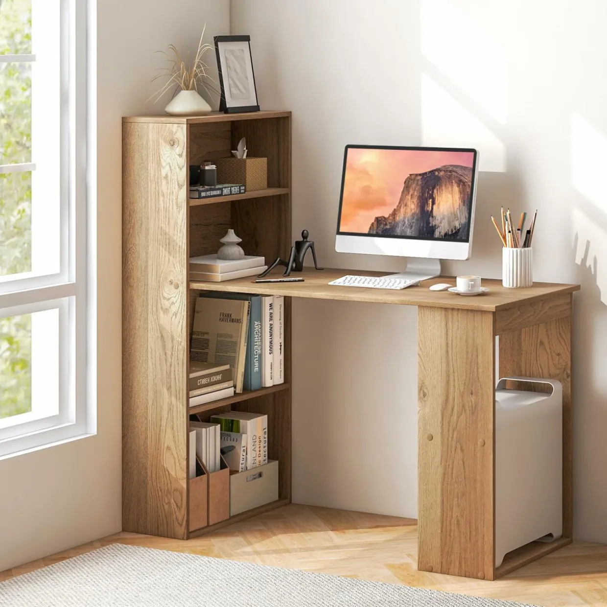 Computer Desk with Bookcase, Writing Study Desk with Storage Shelves & CPU Stand