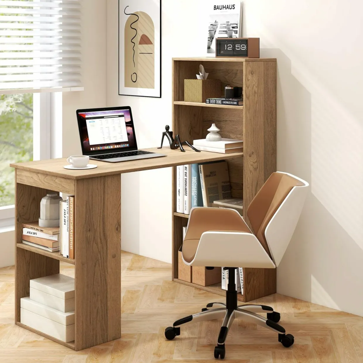 Computer Desk with Bookcase, Writing Study Desk with Storage Shelves & CPU Stand