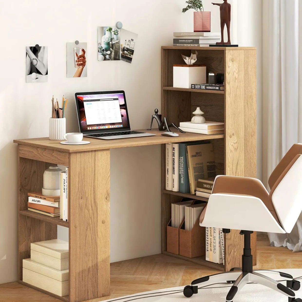 Computer Desk with Bookcase, Writing Study Desk with Storage Shelves & CPU Stand