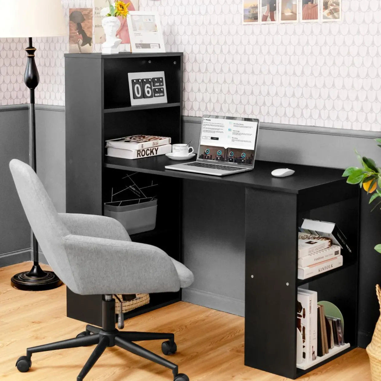 Computer Desk with Bookcase, Writing Study Desk with Storage Shelves & CPU Stand