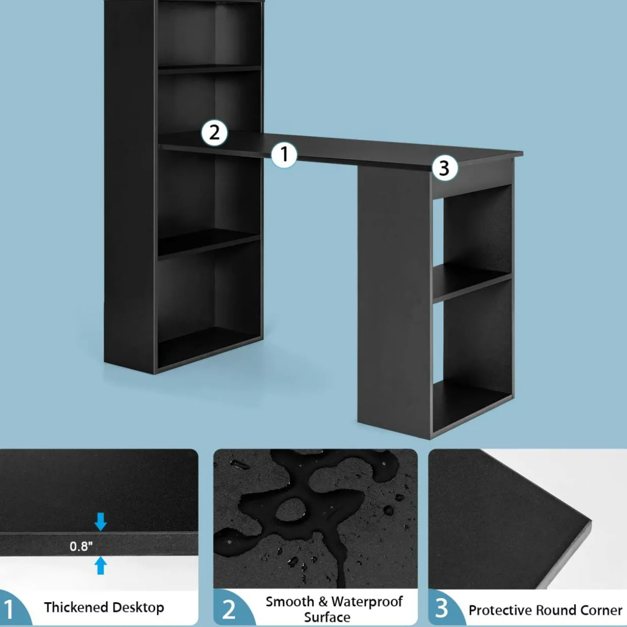Computer Desk with Bookcase, Writing Study Desk with Storage Shelves & CPU Stand