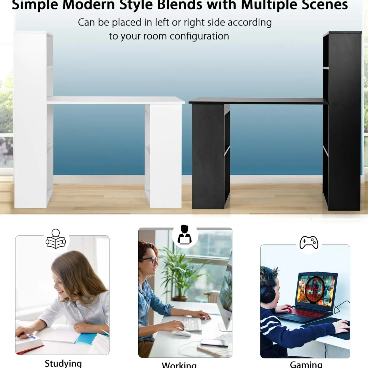 Computer Desk with Bookcase, Writing Study Desk with Storage Shelves & CPU Stand
