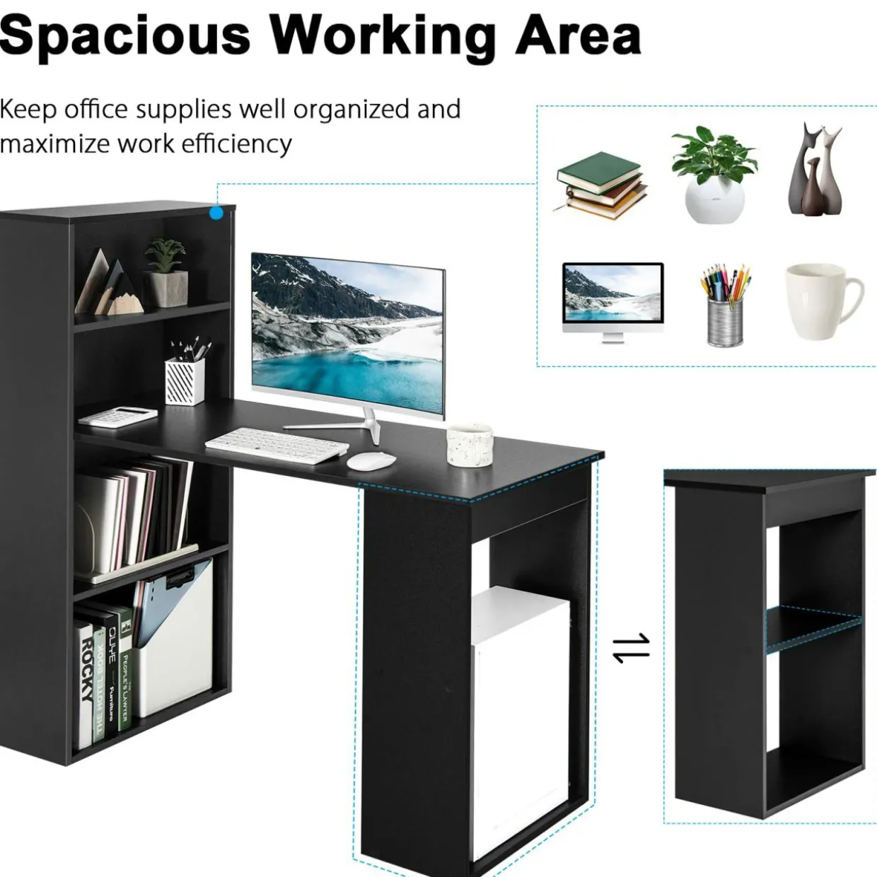 Computer Desk with Bookcase, Writing Study Desk with Storage Shelves & CPU Stand