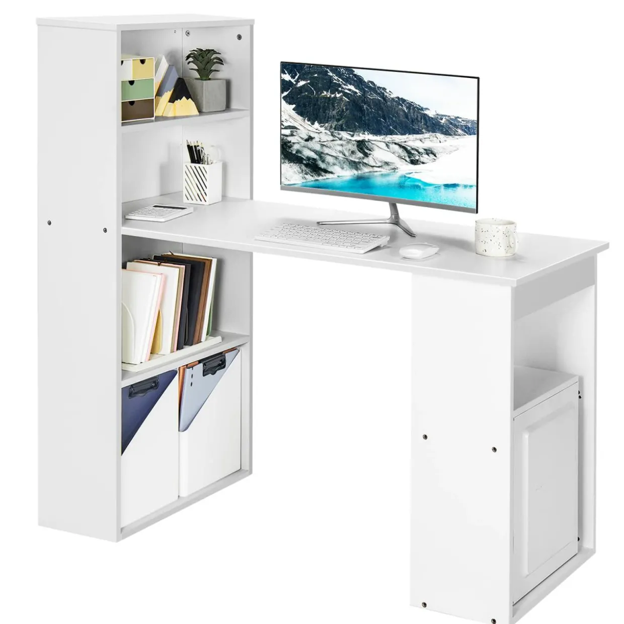 Computer Desk with Bookcase, Writing Study Desk with Storage Shelves & CPU Stand
