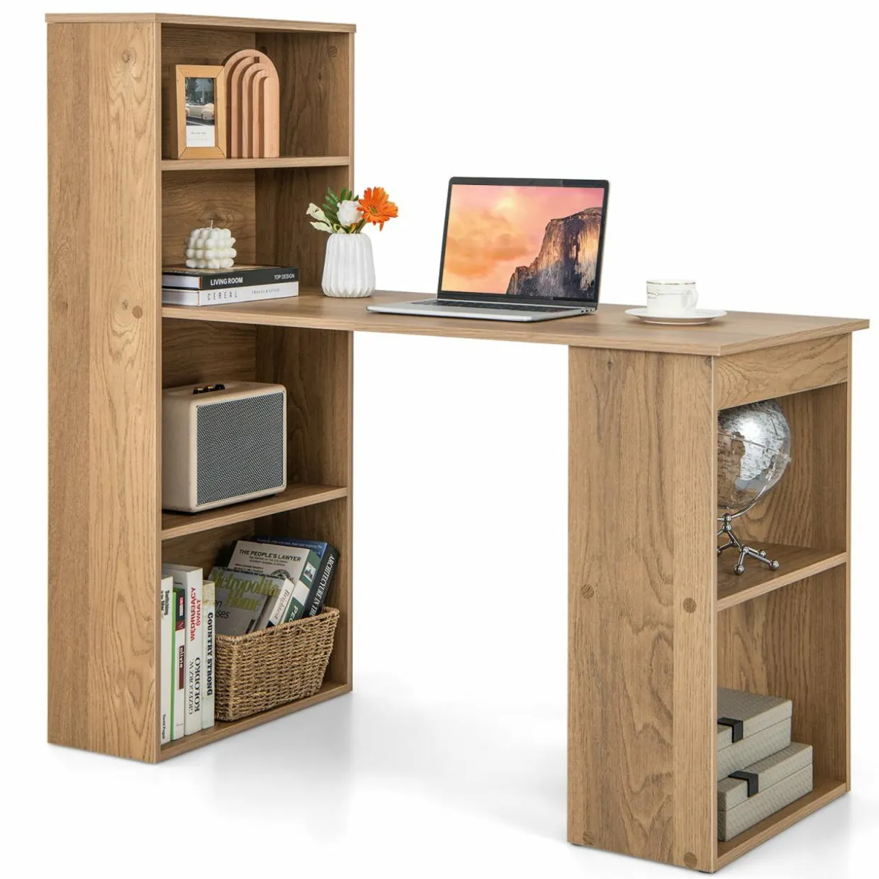 Computer Desk with Bookcase, Writing Study Desk with Storage Shelves & CPU Stand