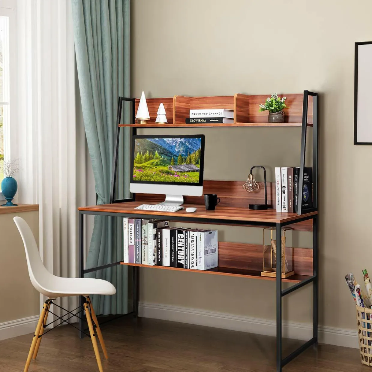 Computer Desk with Hutch & Bookshelf, 47 Inches Space Saving Writing Study Table Home Office Desk