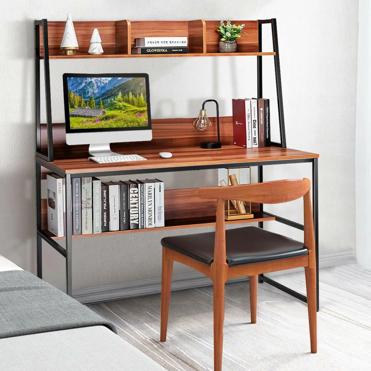 Computer Desk with Hutch & Bookshelf, 47 Inches Space Saving Writing Study Table Home Office Desk