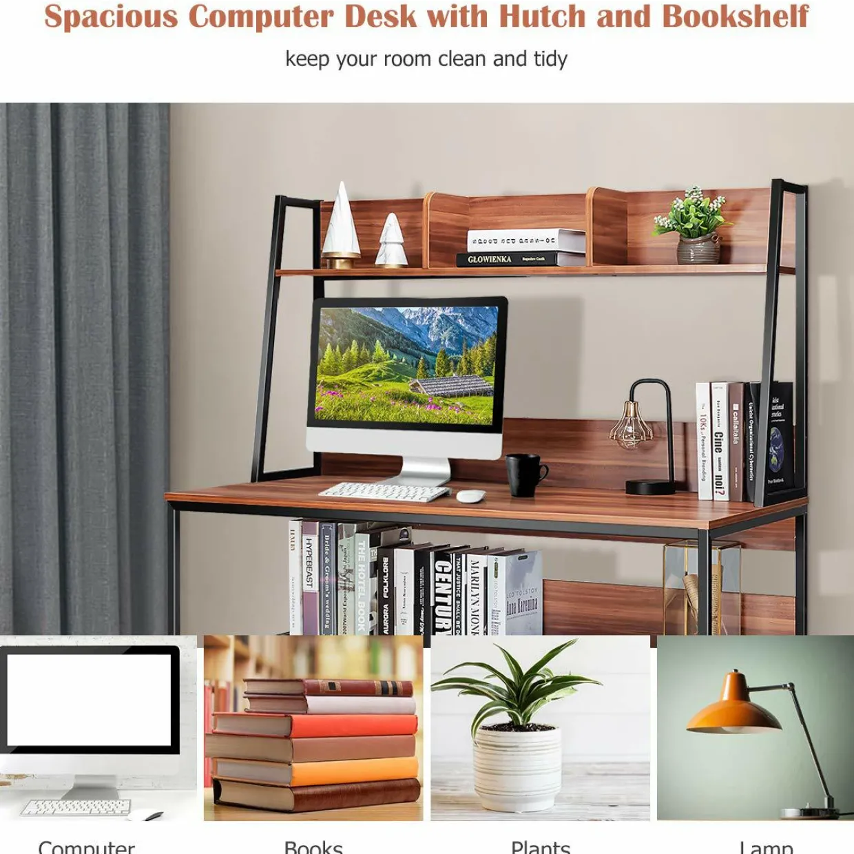 Computer Desk with Hutch & Bookshelf, 47 Inches Space Saving Writing Study Table Home Office Desk