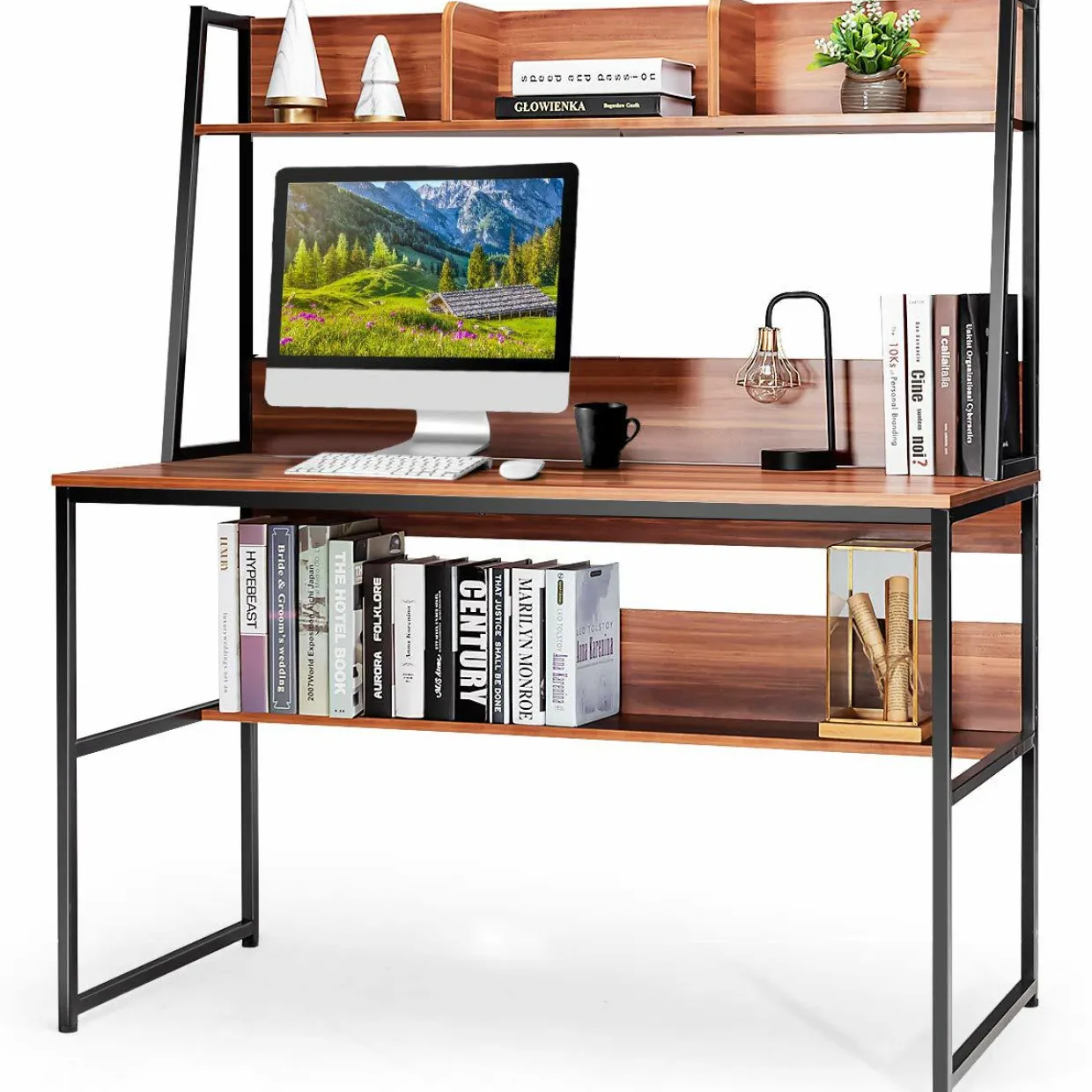 Computer Desk with Hutch & Bookshelf, 47 Inches Space Saving Writing Study Table Home Office Desk