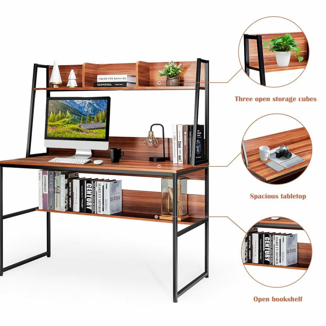Computer Desk with Hutch & Bookshelf, 47 Inches Space Saving Writing Study Table Home Office Desk