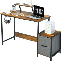 Computer Desk with Reversible Fabric Drawer & Moveable Shelf (Black & Rustic Brown)