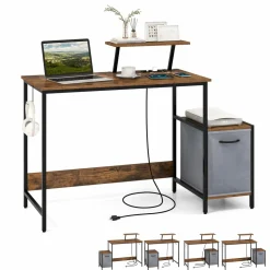 Computer Desk with Reversible Fabric Drawer & Moveable Shelf (Black & Rustic Brown)