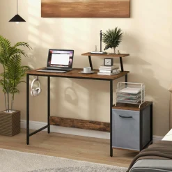 Computer Desk with Reversible Fabric Drawer & Moveable Shelf (Black & Rustic Brown)