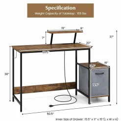 Computer Desk with Reversible Fabric Drawer & Moveable Shelf (Black & Rustic Brown)