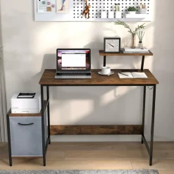 Computer Desk with Reversible Fabric Drawer & Moveable Shelf (Black & Rustic Brown)