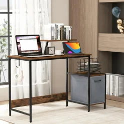 Computer Desk with Reversible Fabric Drawer & Moveable Shelf (Black & Rustic Brown)