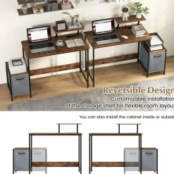 Computer Desk with Reversible Fabric Drawer & Moveable Shelf (Black & Rustic Brown)