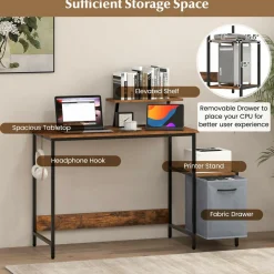 Computer Desk with Reversible Fabric Drawer & Moveable Shelf (Black & Rustic Brown)