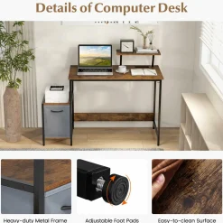 Computer Desk with Reversible Fabric Drawer & Moveable Shelf (Black & Rustic Brown)
