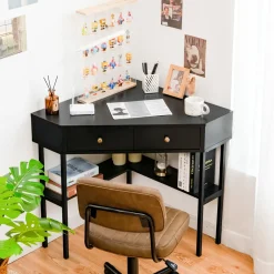 Corner Desk with 2 Drawers, 90 Degrees Triangle Corner Computer Desk for Small Space