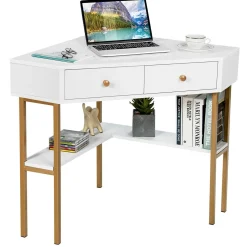 Corner Desk with 2 Drawers, 90 Degrees Triangle Corner Computer Desk for Small Space