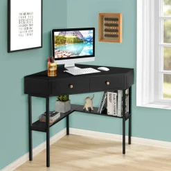 Corner Desk with 2 Drawers, 90 Degrees Triangle Corner Computer Desk for Small Space