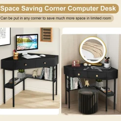 Corner Desk with 2 Drawers, 90 Degrees Triangle Corner Computer Desk for Small Space