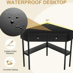 Corner Desk with 2 Drawers, 90 Degrees Triangle Corner Computer Desk for Small Space