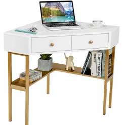 Corner Desk with 2 Drawers, 90 Degrees Triangle Corner Computer Desk for Small Space