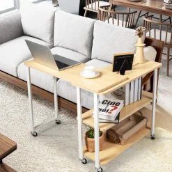 360-Degree Free Rotating Sofa Side Table, Mobile Couch Desk with 2-Tier Storage Shelves