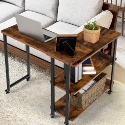 360-Degree Free Rotating Sofa Side Table, Mobile Couch Desk with 2-Tier Storage Shelves