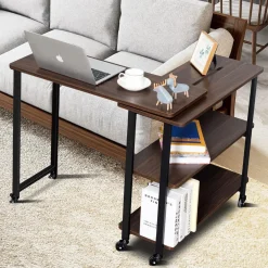 360-Degree Free Rotating Sofa Side Table, Mobile Couch Desk with 2-Tier Storage Shelves