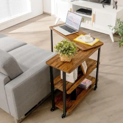 360-Degree Free Rotating Sofa Side Table, Mobile Couch Desk with 2-Tier Storage Shelves