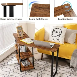 360-Degree Free Rotating Sofa Side Table, Mobile Couch Desk with 2-Tier Storage Shelves