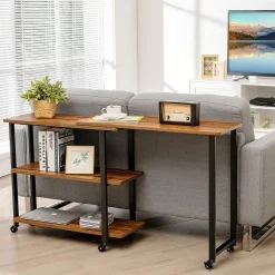 360-Degree Free Rotating Sofa Side Table, Mobile Couch Desk with 2-Tier Storage Shelves