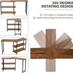 360-Degree Free Rotating Sofa Side Table, Mobile Couch Desk with 2-Tier Storage Shelves