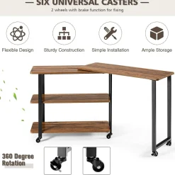 360-Degree Free Rotating Sofa Side Table, Mobile Couch Desk with 2-Tier Storage Shelves
