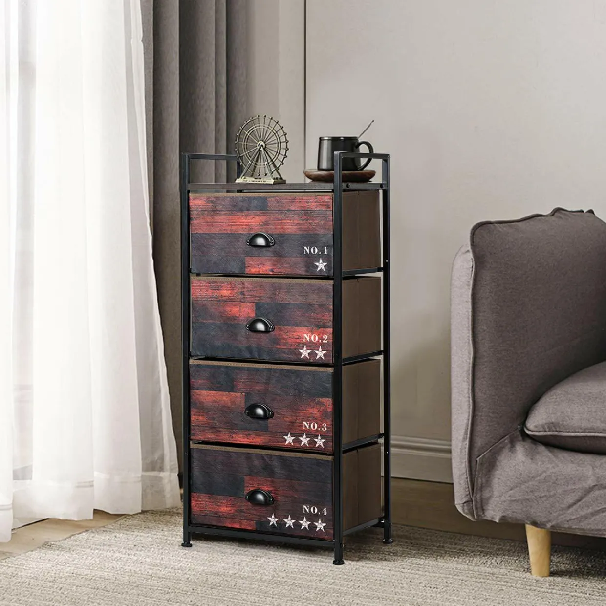 4 Drawer Dresser, Vertical Dresser Storage Tower with Fabric Drawers and Steel Frame