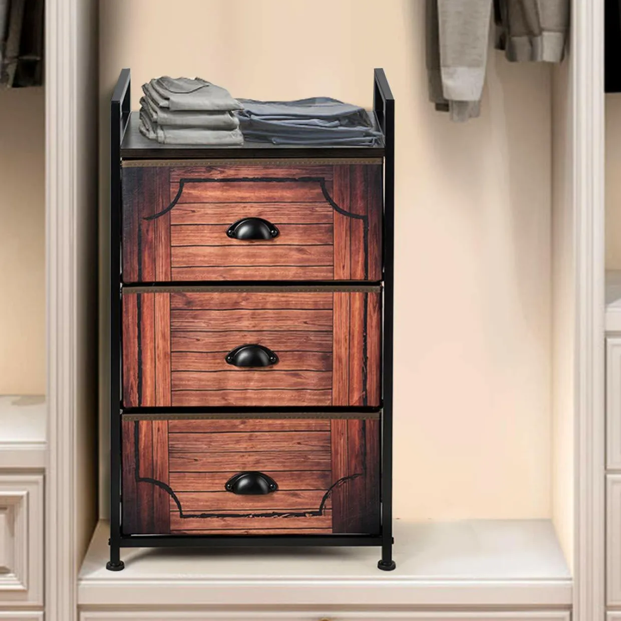 3 Drawer Dresser, Vertical Dresser Storage Tower with Fabric Drawers and Steel Frame