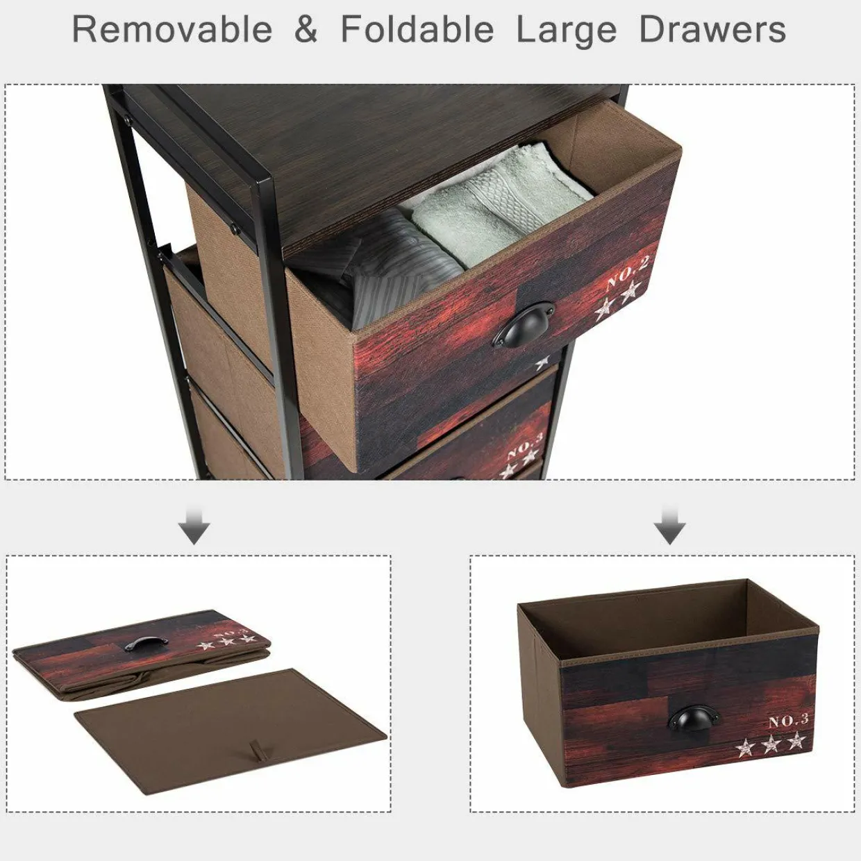 4 Drawer Dresser, Vertical Dresser Storage Tower with Fabric Drawers and Steel Frame